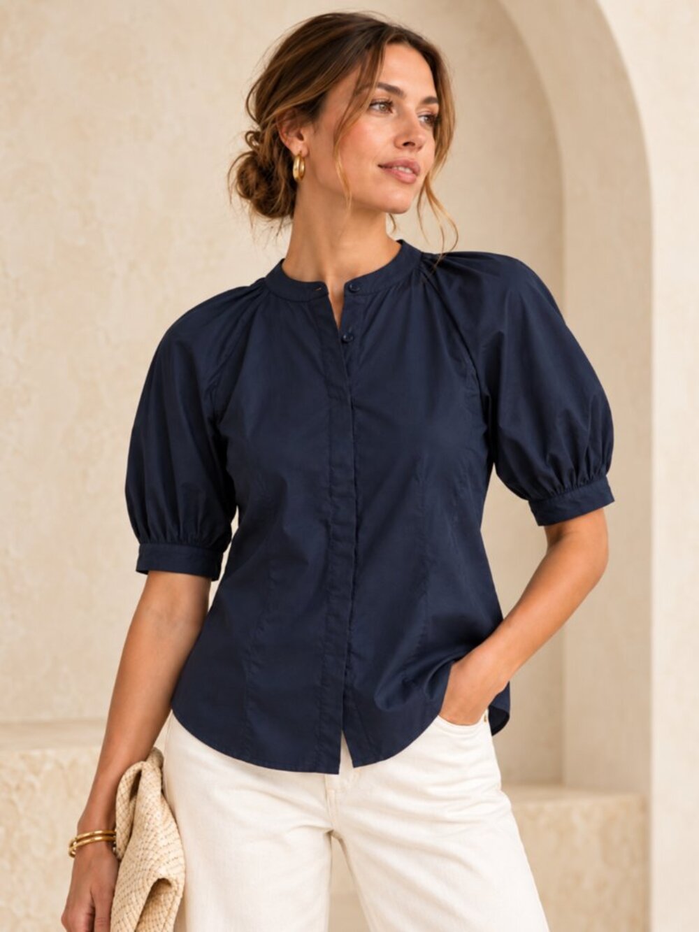 Elie Tahari Navy Puff Short Sleeve Button Dwon Front Blouse Top Size M NWT